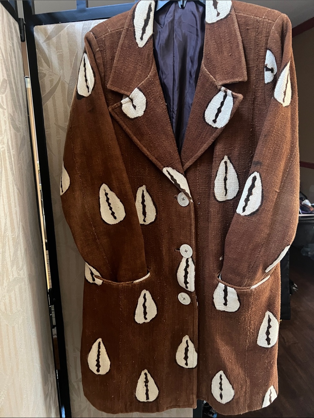 Brown Patterned Trench Coat with Cream Motif
